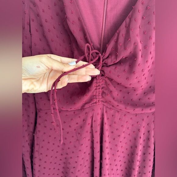 Lulus Wine and Dine Burgundy Swiss Dot Long Sleeve Skater Dress - Picture 8 of 14